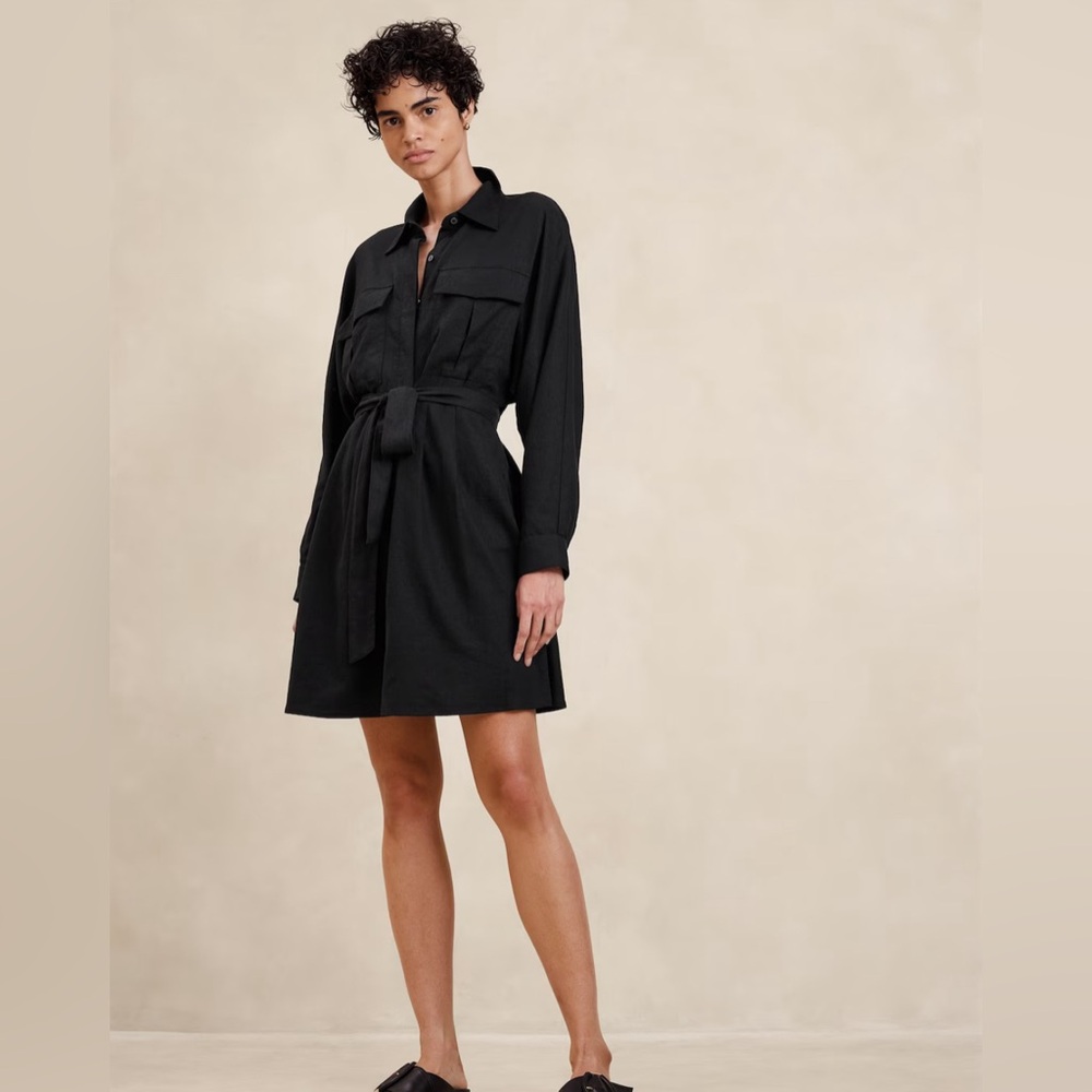 LINEN-BLEND BLACK MINI SHIRTDRESS